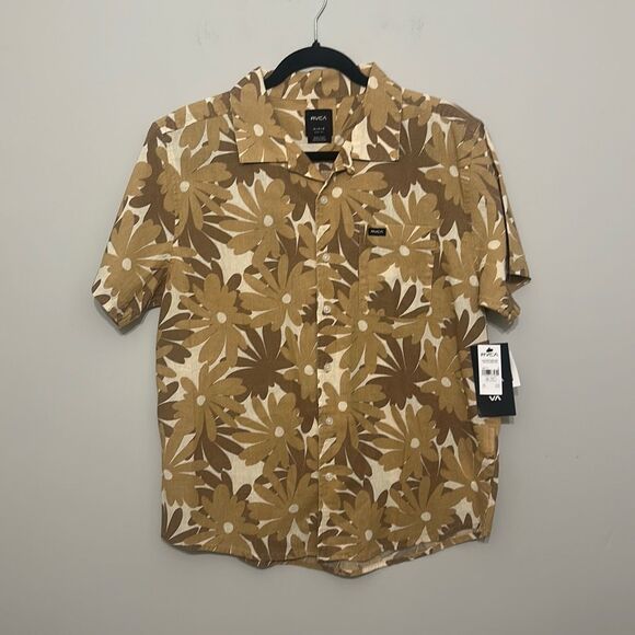 NWT RVCA Mens Khaki Easy Fit Pop Floral Short Sleeve Button Up Shirt Size Medium - Picture 1 of 8